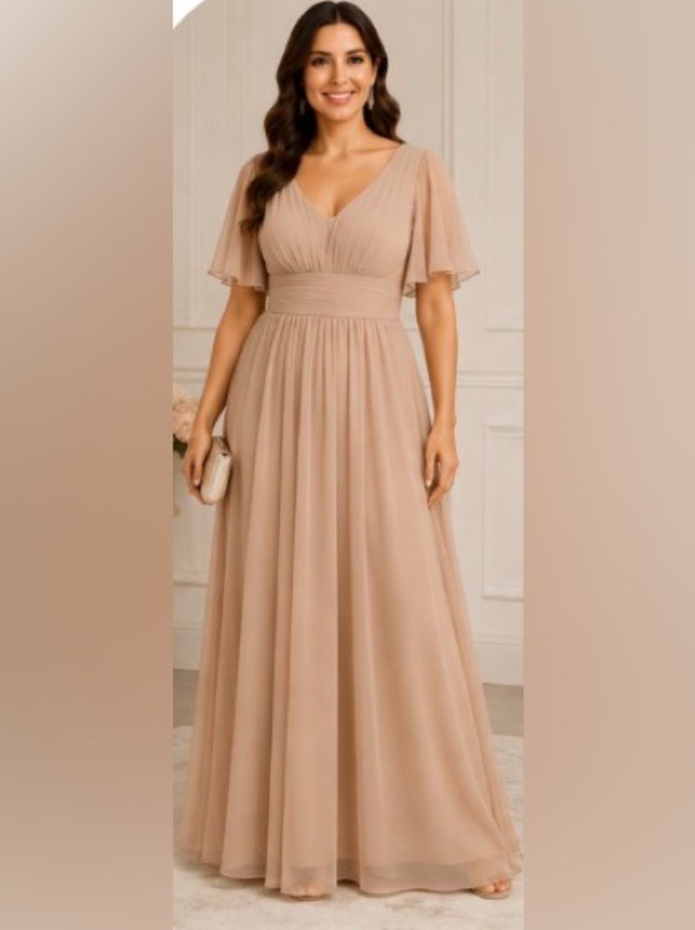 Champagne Taupe Chiffon Formal Dress Lace Up Back Flutter Sleeve Maxi Size 14 - Picture 2 of 3